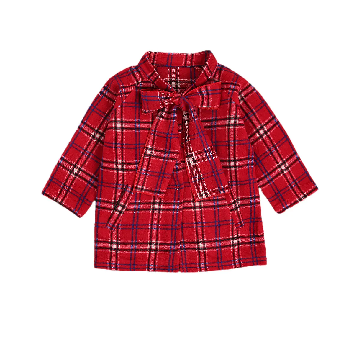 Baby &amp children's 2-6Years Kid Girls' Plaid Coat Children's Top Stand Collar Red Check Bow Snap Button Pocket for Kids |