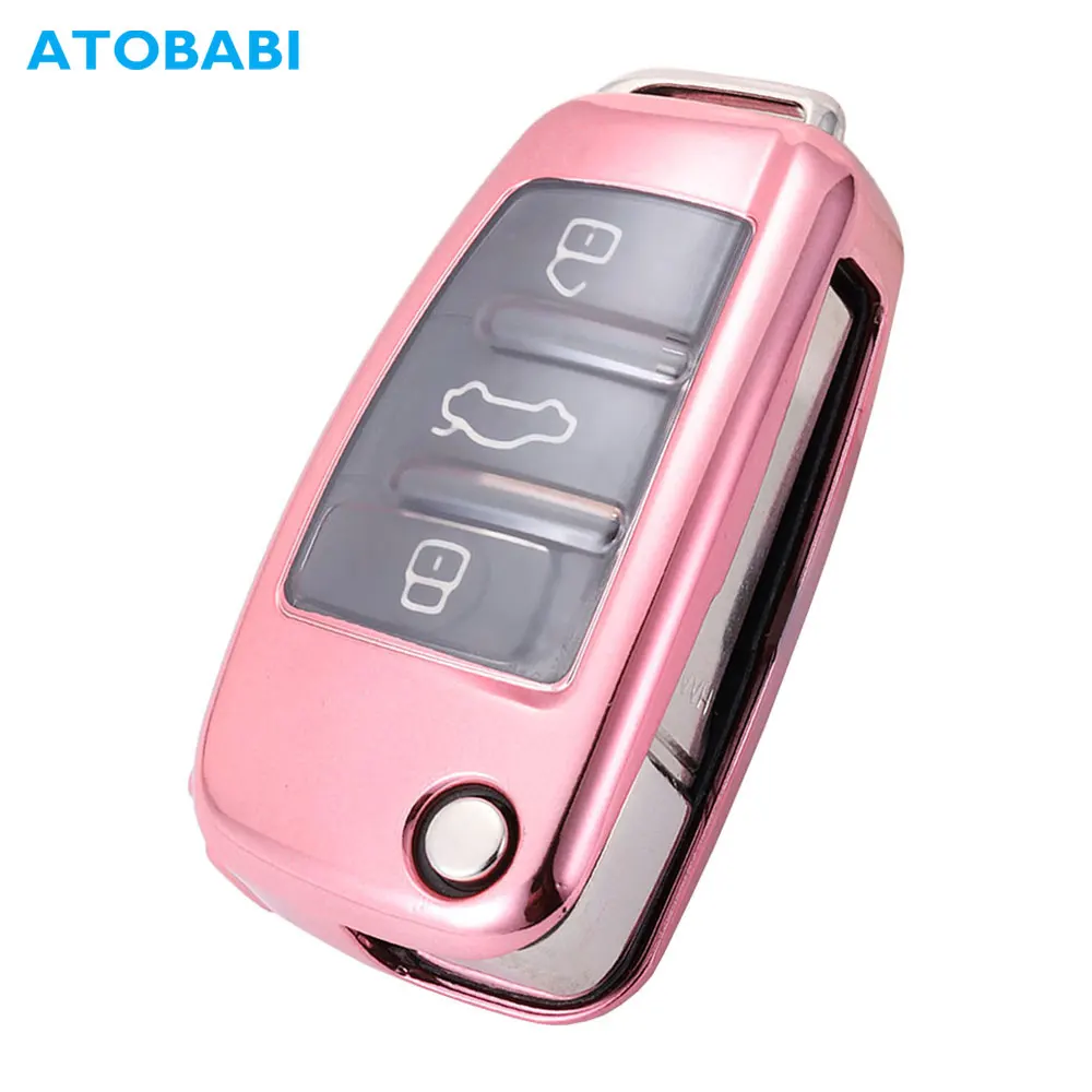 

ATOBABI TPU Car Key Cover For Audi A1 A3 A6 Q2 Q3 Q7 TT TTS R8 S3 S6 RS3 Folding Remote Fob Case Keychain Protector Pink Key Bag