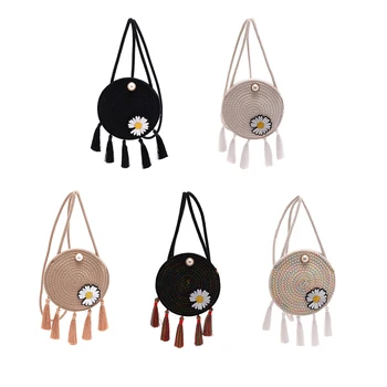 

Round Tassel Straw Bag Shoulder Daisy Small Handbag Women Fashion Woven Circle for Outdoor Shopping Traveling Ornaments
