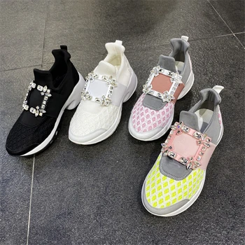 

Woman Sneakers Crystal Flats Fishion Luxury Brand Spring Slip on Square Buckle Rhinestone Breathable Running Loafers Flat Shoes