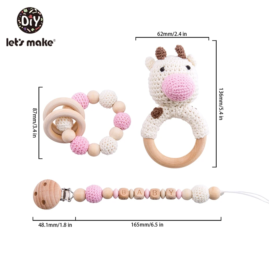 Let's Make Food Grade Silicone Wooden Teether Baby Pacifier Chain Pram Crib DIY Customized Soother Baby Teether Rattle Set Toys