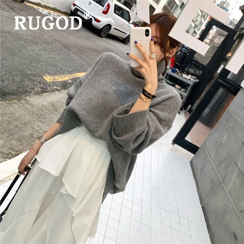 Свитер женский RUGOD, толстый теплый свитер с высоким воротом, женская мода, разрезы по бокам, длинный рукав, Свободный пуловер, длинный Зимний вязаный свитер для женщин кофта женская