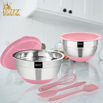 

EHZ Mixing bowl Stainless Steel Salad Bowl Set 7PCS With Lid Silicone Non-slip Bottom Vegetable Preserving Bowl Kitchen Baking