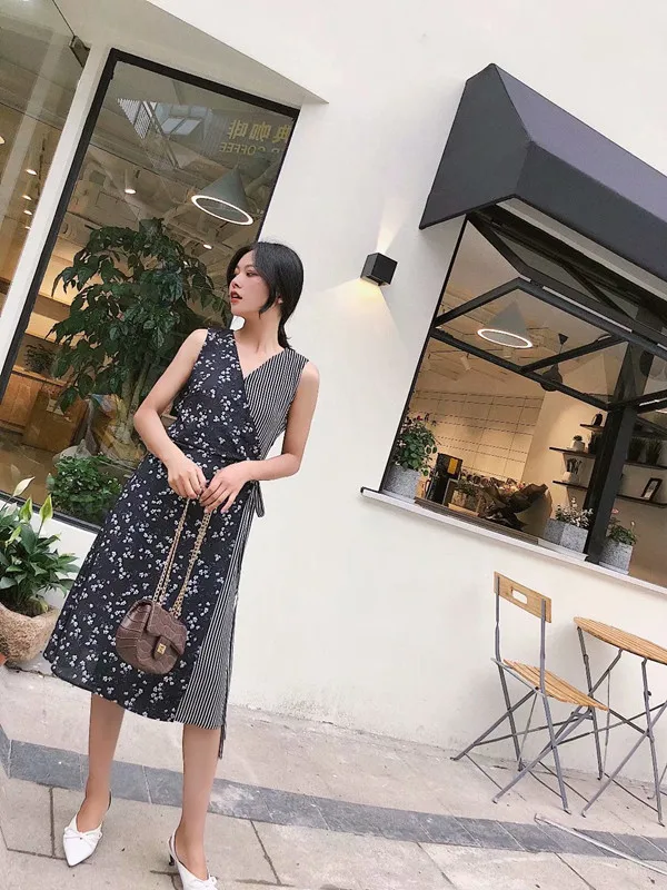 

Europe And America 2018 Summer New Style Versatile Slim Fit Slimming Floral Vertical Stripe Joint Vest Sleeveless Dress Women's