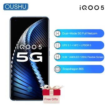 Перейти на Алиэкспресс и купить Оригинальный Новый 5G IQOO 5 Snapdragon865 4500mAh 55W Celular 12G 128G 50MP Тройная камера RearCamera 120Hz Частота обновления экрана NFC телефон