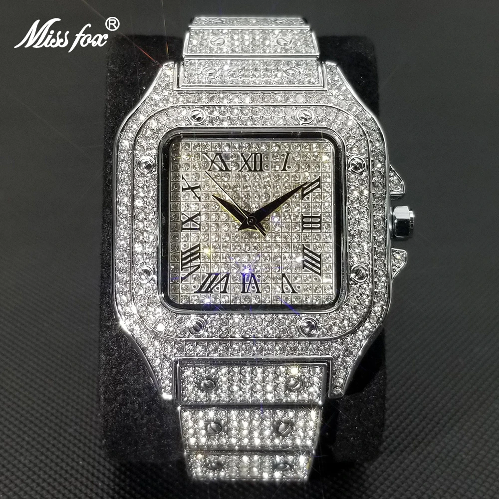 Missfox Ice Out Square Watch For Men Top Brand Luxury Full Diamond Mens