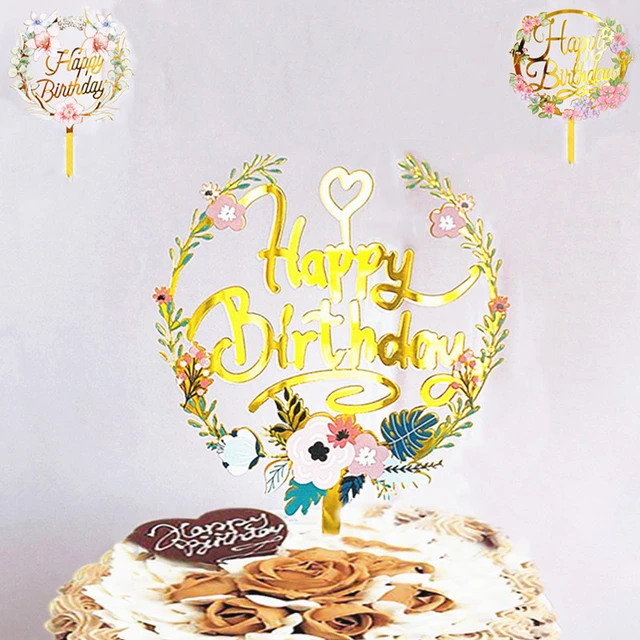 Décoration de gâteau joyeux anniversaire, 1 pièce, paillettes dorées en  acrylique, garniture de Cupcake, drapeaux de