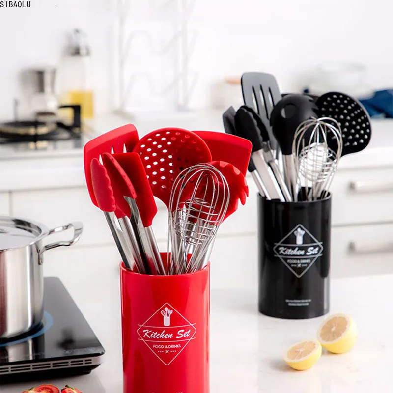 

Stainless Steel+Silicone Cooking Utensil Kitchen Tools Turner Soup Spoon Strainer Pasta Server Egg Beater Spatula Food Tongs Red