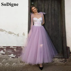 SoDigne Purple Tulle Midi Prom Dresses 2021 Tied Bow Straps Tea-Length A-Line Evening Party Gowns with Lace Women Gowns