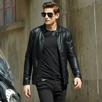 

2019 New Mens Leather Jacket Male Solid Fashion Jackets Casual Slim Stand Collar Bomber Male Coats Long Rib Overcoat Clothing