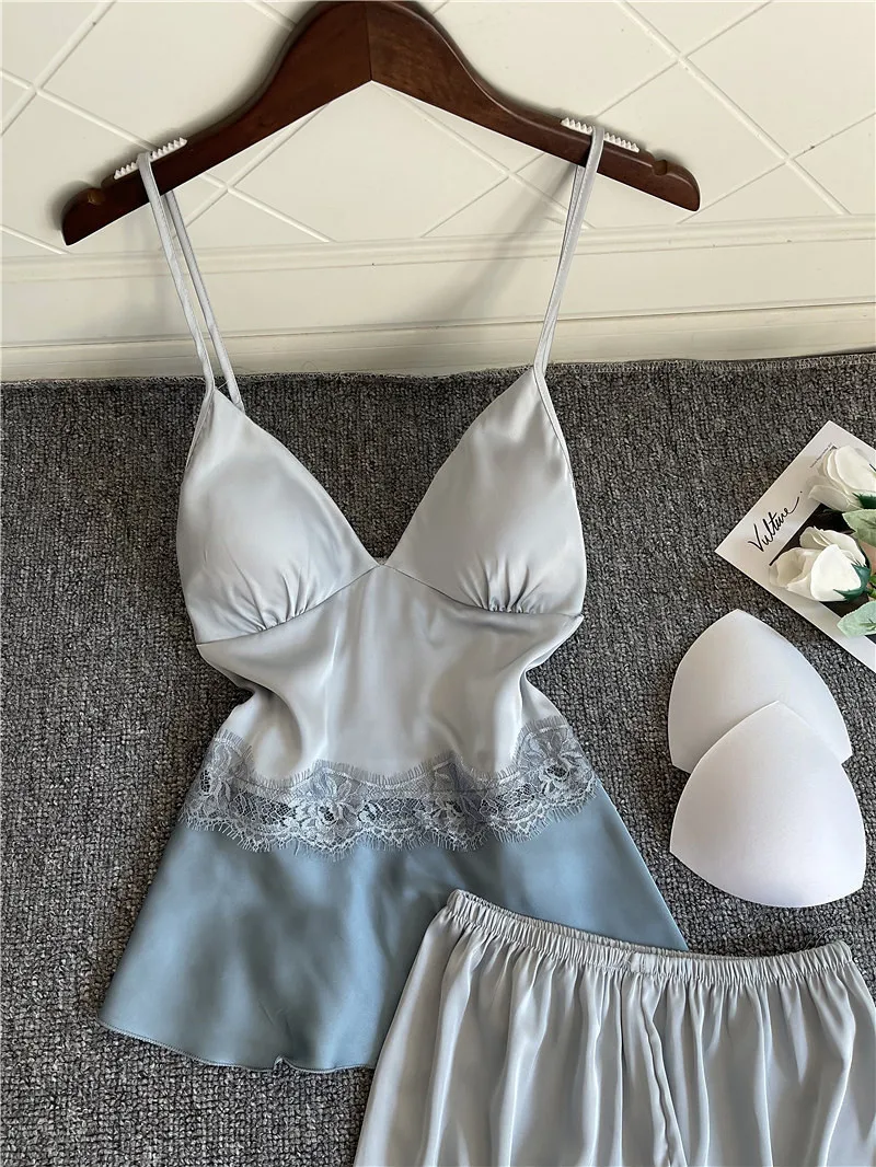 2PCS Sleepwear Sexy Satin Pajamas Set Women Sleeveless Lace Strap Top&Shorts Suit Summer Intimate Lingerie Loose Home Clothes women pajamas set women pajama suit