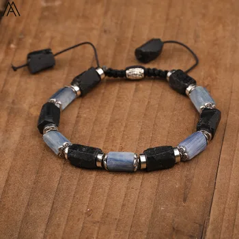 

Natural Blue Kyanite Black Tourmaline Nugget Chip Beads Cord Knotted Handmade Adjustable Bracelet Jewelry For Women N0376AMAI