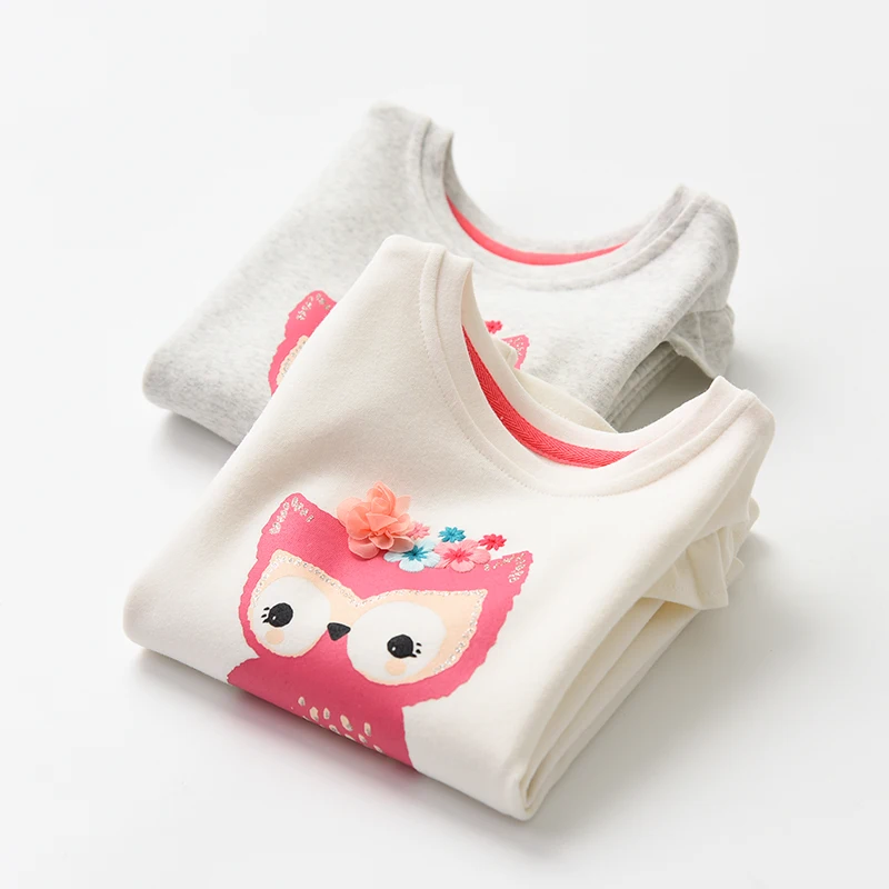 New Autumn Baby Girls Long-sleeved O-necked Flower Owl T-shirt Ruffles Shirt Cotton Children's Fly Long-sleeved T-shirt
