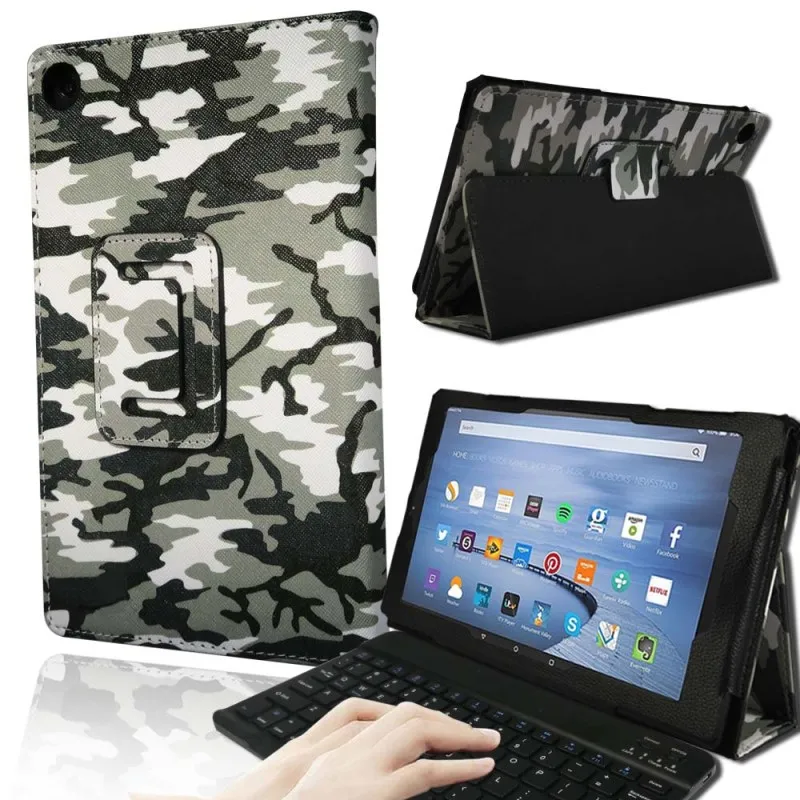Camouflage KK&LL для Amazon Fire HD 10(7/5 поколение, / выпуск) Bluetooth клавиатура+ умный планшет кожаный чехол-книжка - Цвет: Camouflage