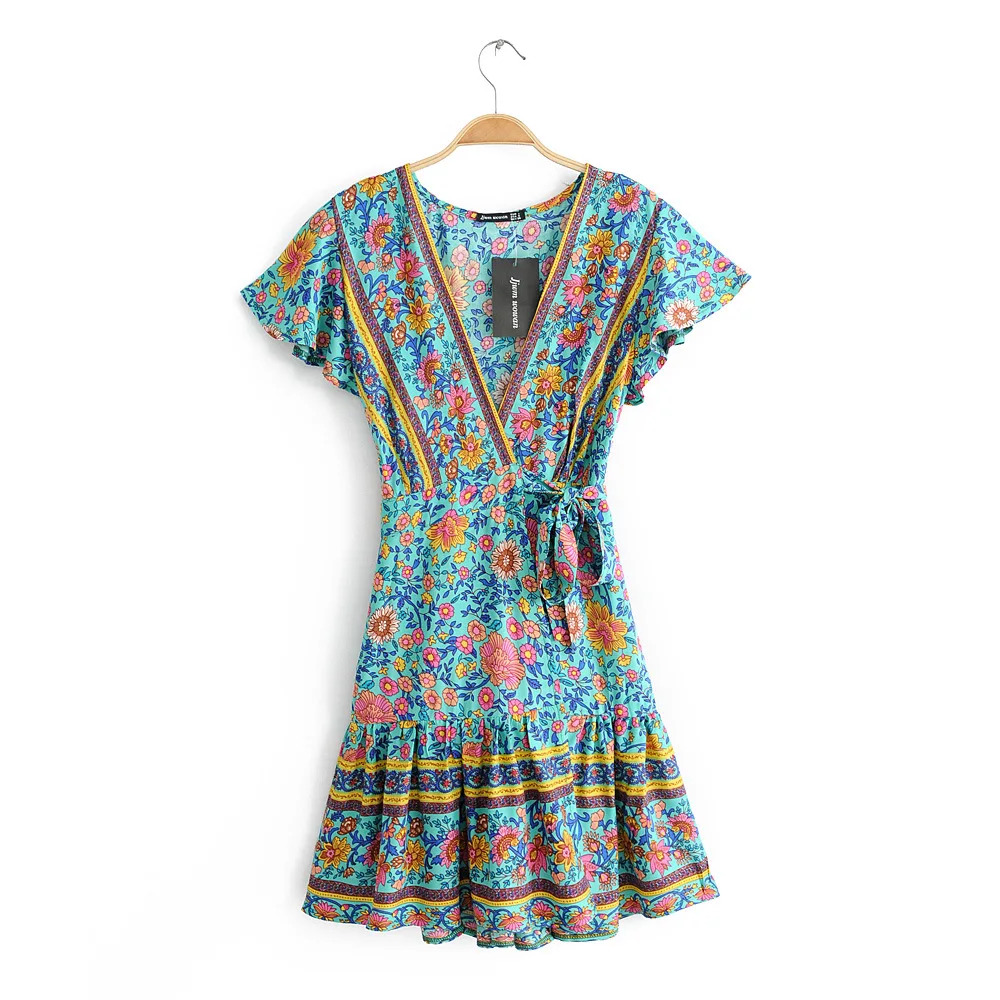 

2018 Europe And America Autumn WOMEN'S Dress V-neck Bandage Cloth Printed Short-sleeve Dress 9496