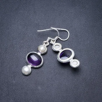 

Natural Amethyst and River Pearl Handmade Unique 925 Sterling Silver Earrings 1 3/4" Y2324
