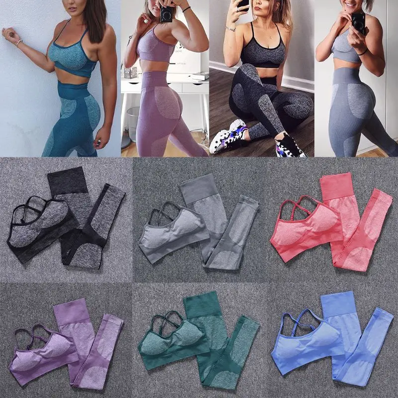 

2019 Women Set Seamless Strap Padded Bra + Lady High Waist Gym Fitness Shockproof Push Up Scrunch Butt Leggings Sports Tights