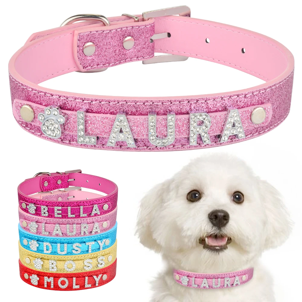 Personalized Dog Collar Leather Rhinestone Bling Charms Custom Pet Dogs Cat NameCollars