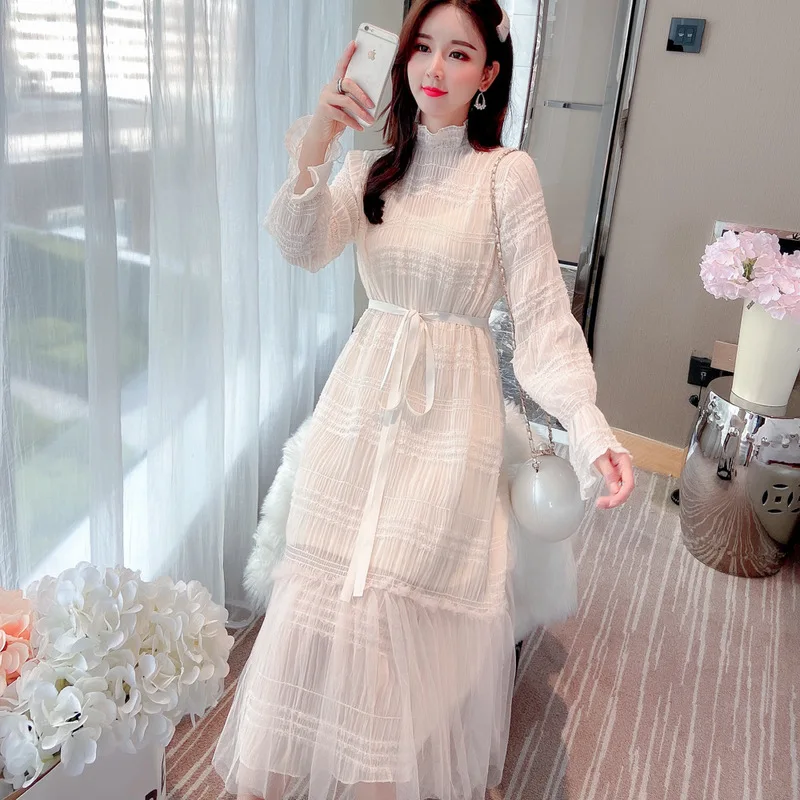 

O-Neck Lace Dress Women 's Early Spring 2020 New Loose Mesh Long Sleeve Chiffon Fairy Two Piece Set Solid Dress