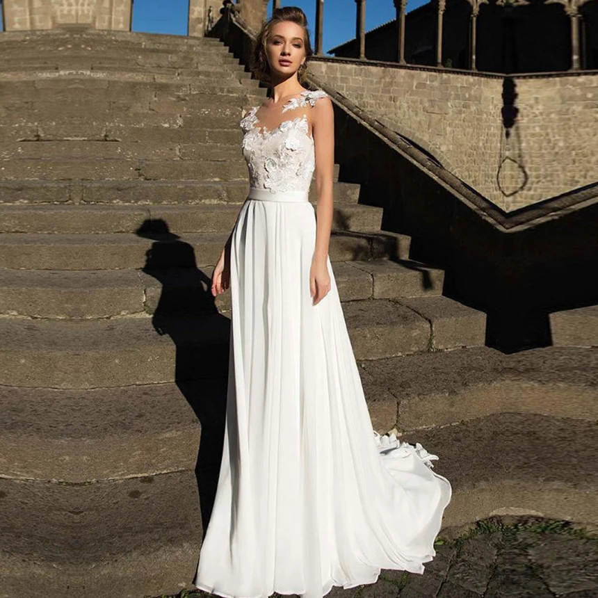 

Simple A Line Chiffon Wedding Dress Appliques Lace Bridal Gowns Sleeveless Vestido De Noiva Back Button Custom Made