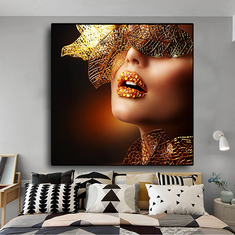 

Nordic Modern Gold Lips Fashion Sexy Women Oil Painting on Canvas Posters and Prints Cuadros Wall Art Pictures For Living Room