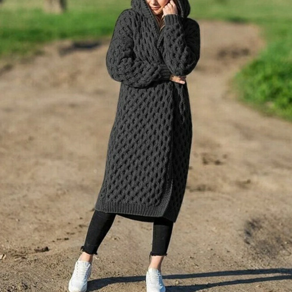 Женский вязаный кардиган, зимний Свободный теплый длинный кардиган с капюшоном, Женский винтажный свитер с длинным рукавом, верхняя одежда размера плюс, пальто - Цвет: Black