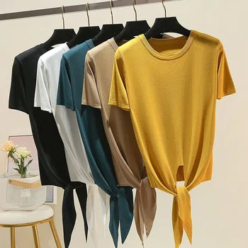 

Casual Knitted O-neck Short Sleeve Women Tops Fashion Elasticity Solid Slim Pullover 2020 Summer Woman Lace Up Tees Streetwear