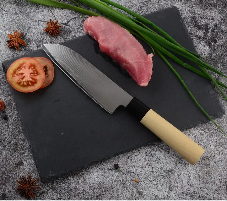Кухонные ножи шеф-повара 9CR18MOV из дамасской стали, нож для резки рыбы и мяса, нож для нарезки овощей Nakiri по низкой цене - Цвет: Santoku Knife