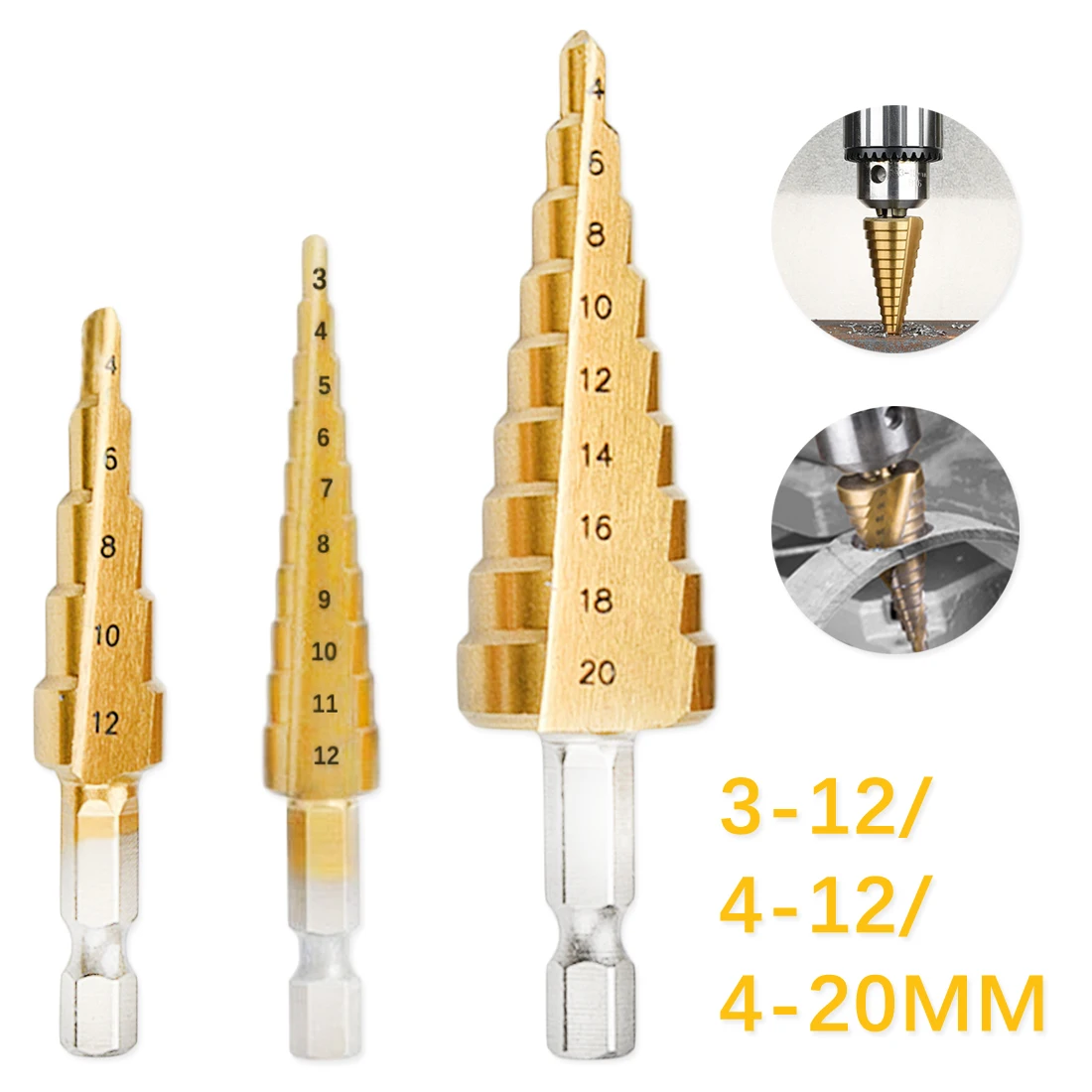 

3PCS HSS Step Drill Bit Set Cone Hole Cutter Taper Metric 4 - 12 / 20 / 32mm 1 / 4 Titanium Coated Metal Hex Core Drill Bits