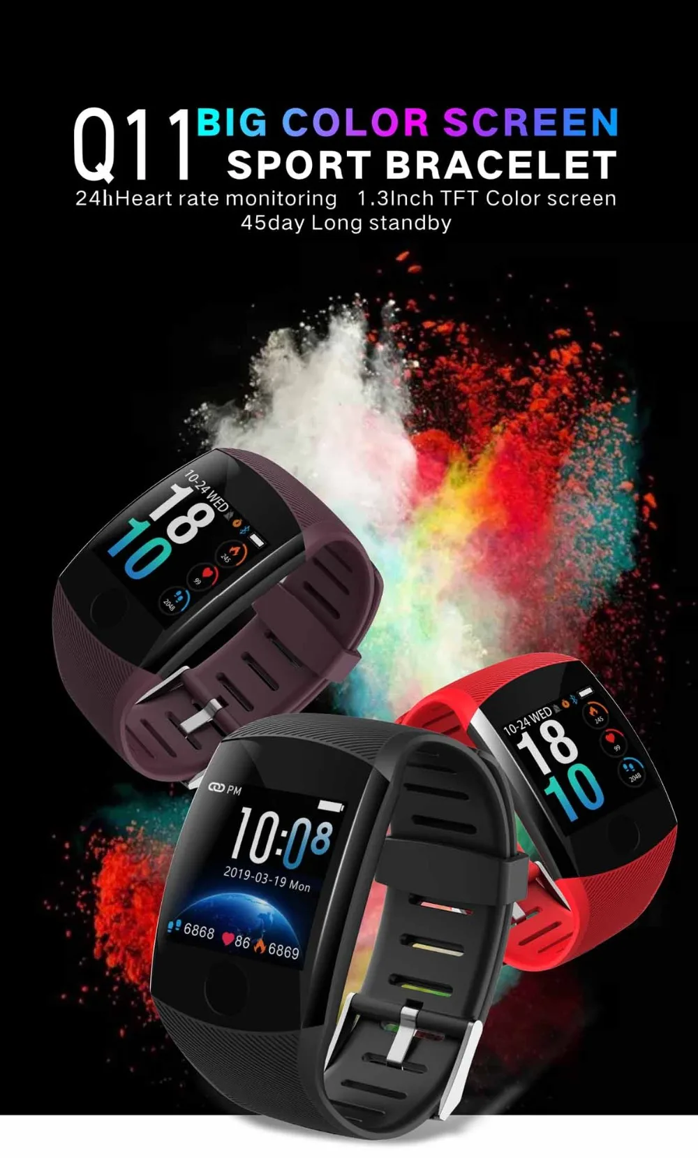 Q11 Smart Wristband Waterproof Fitness Bracelet Big Touch Screen OLED Message Heart Rate Time Smartband Activity Tracker Watch (1)