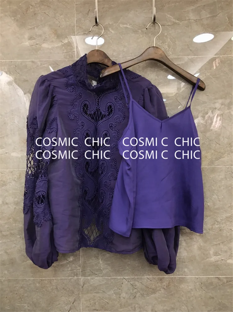 Cosmicchic, подиумная Праздничная юбка, комплект, элегантный фонарь, длинный рукав, открытая кружевная вышивка, блузка, нестандартные оборки, мини-юбка