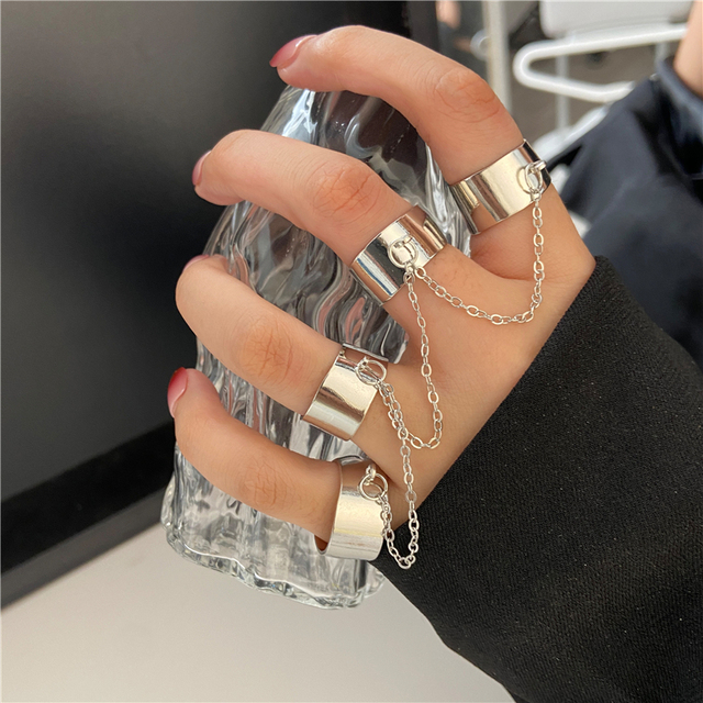 Punk Cool Hiphop Chain Rings Multi-layer Adjustable Open Finger Rings Set Alloy Man Rings for Women Party Gift Jewelry