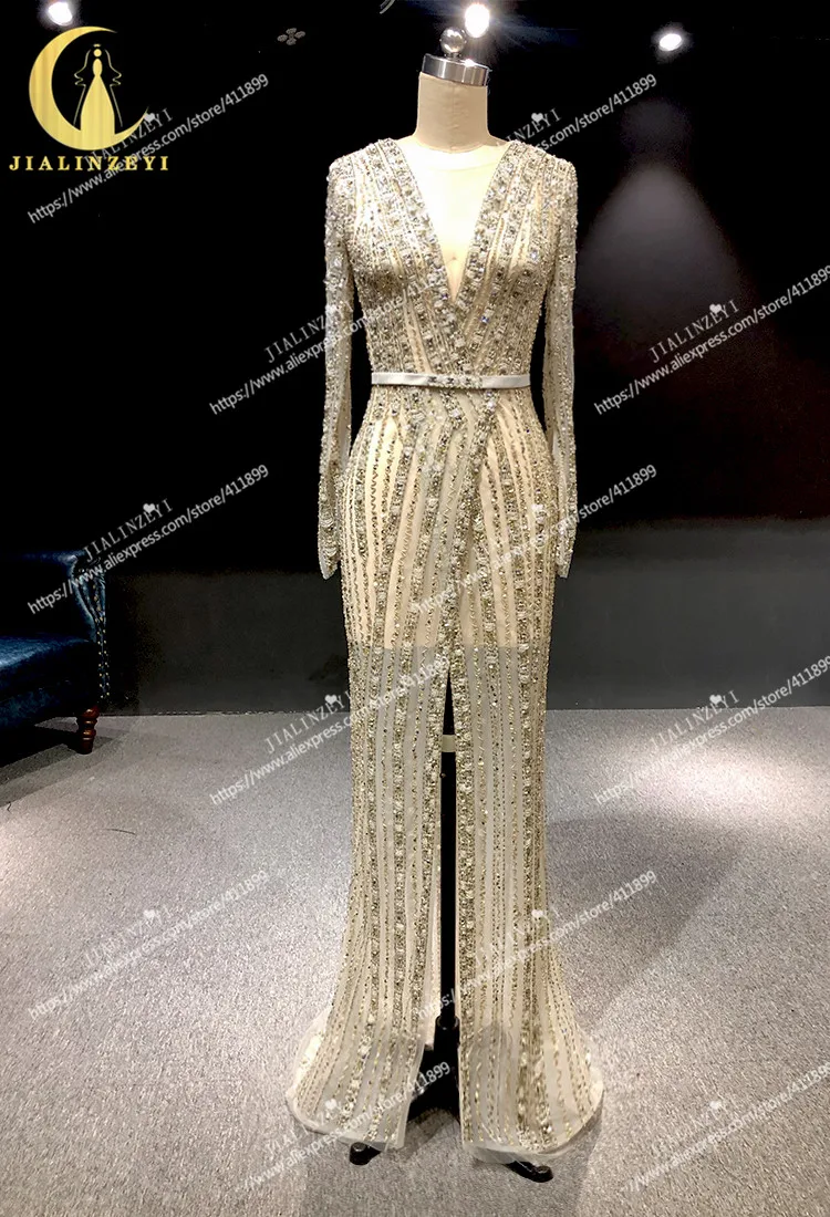 Рейн реальные фотографии мода Elie Saab одежда с длинным рукавом Полный бусины Кристалл V образным вырезом Русалка платье вечерние платья