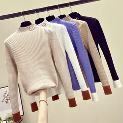 2019 Женский вязаный свитер невысокая горловина пуловер свитер Цвет Блокировка укороченный свитер со смайликом символ