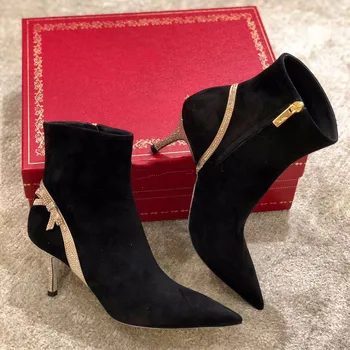 

Bow Rhinestone Suede Ankle Boots Female Pointed Stiletto Zipper Boots 2019 Autumn Winter Sexy Women Boots Crystal High Heel Shoe