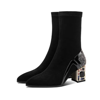 

Ladies Ankle Boots poined Toe Autumn Winter Slip on Women Shoes Patchwork leather crystal Square Heel Short Boots Size34-43