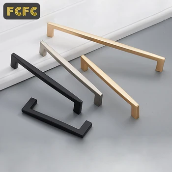 FCFC Brushed Gold Cabinet Door Handles Solid Brass Pulls Knobs Kitchen Cupboard Pulls Drawer Knobs Furniture Handles Hardware