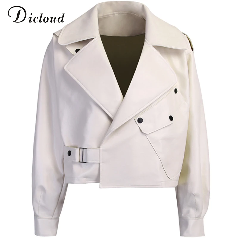 DICLOUD, модная женская куртка из искусственной кожи, белая, длинный рукав, негабаритный наряд с карманами, Осень-зима, повседневное одноцветное пальто для женщин