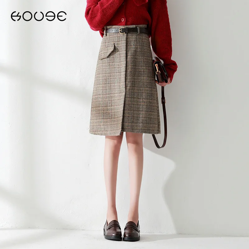 

Woolen Plaid Skirt Mid-length Autumn And Winter Women's 2019 New Style High-waisted A- line Skirt Irregular Slit Skirt