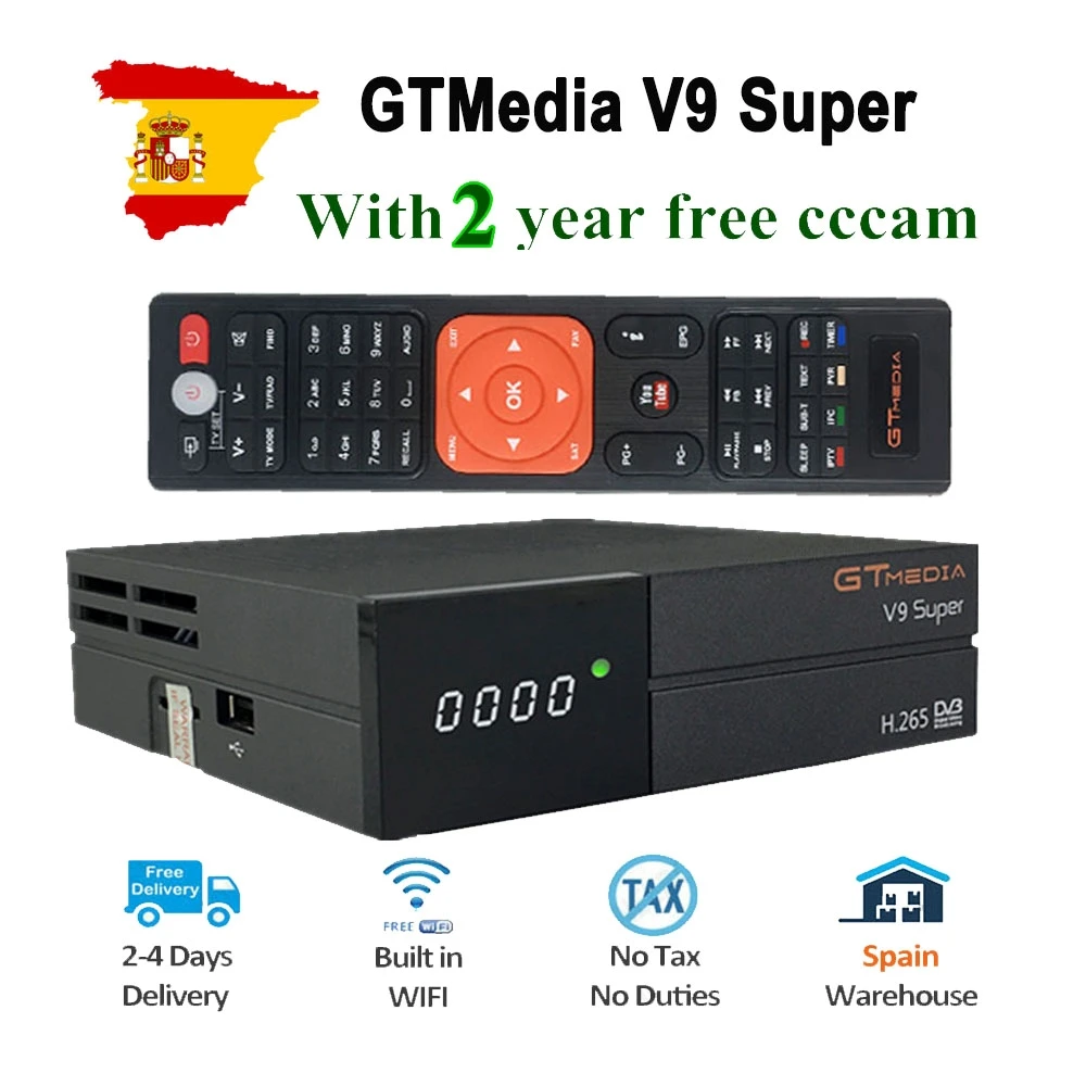 

GTMedia V9 Super Satellite Receiver DVB S2 Full HD 1080P H.265 Bult-in WiFi with 1 Year Free 7 lines Spain Europe Cccam Receptor