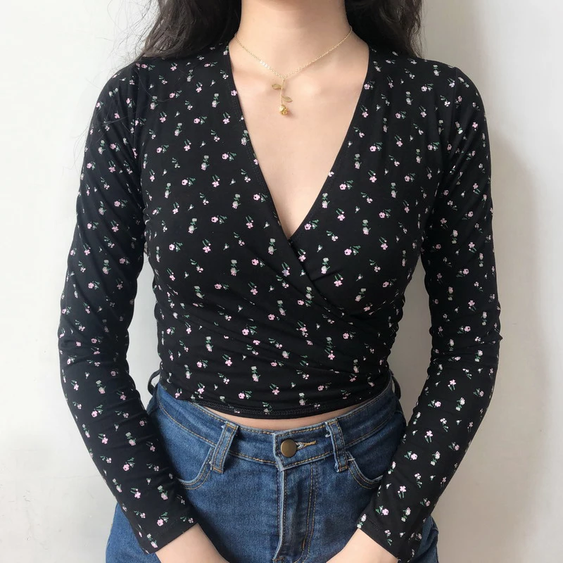 Women Self Tie Front Wrap Tee Print 