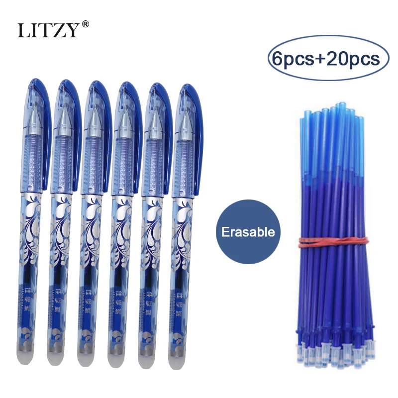 

6+20 Pcs/Set Erasable Washable Handle Pen 0.5mm Blue/Black Ink Magic Gel Pen School Stationery Office Writing Tool Supplies Pens