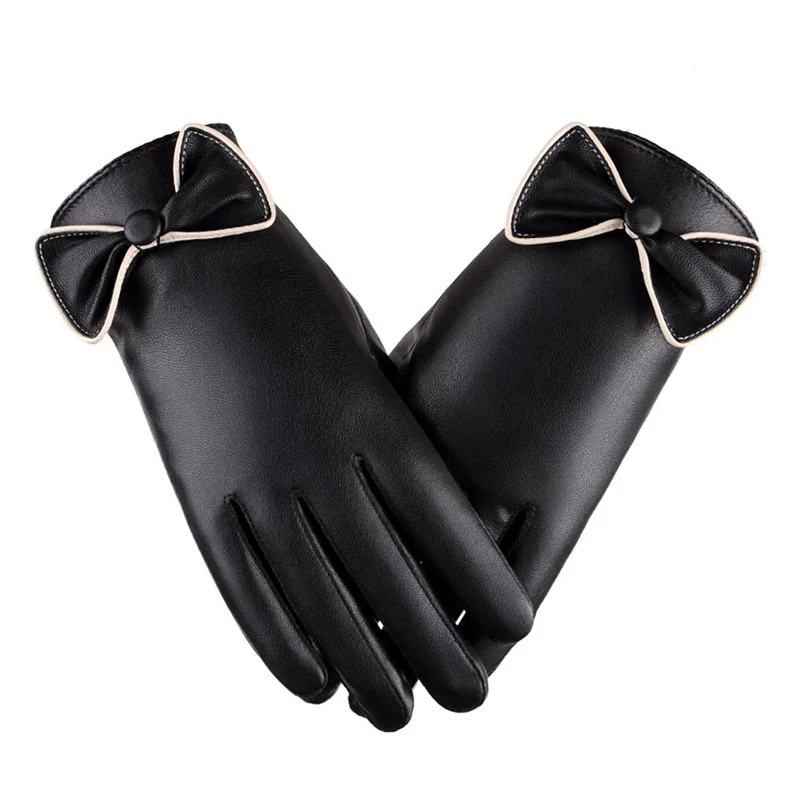 

Lady Fashion Elegant Bowknot Driving Gloves High Quality PU Leather Winter Comfortable Full Finger Thermal Gloves Ski Gloves