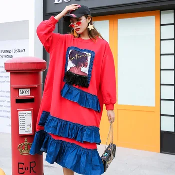 

2020 Early Spring New Women Dress Round Neck Ruffles Long Sleeve Patch Plus Size Dress Elegant Plus Size Streetwear LT042S30