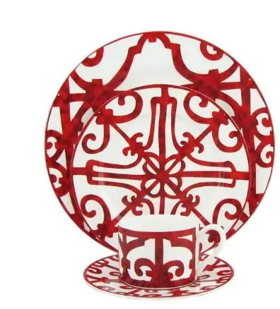 Dinnerware set Керамическая тарелка для стейка, кофейная чашка и блюдце, набор посуды, Западный поднос для еды, красный узор - Цвет: Dinnerware set