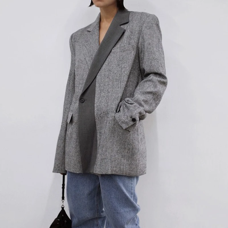 60% OFF 2020 Fashion Spring Autumn New Notched Collar Patchwork Women Blazer Long Sleeve Pockets Single Button Loose Female Suit Jackets