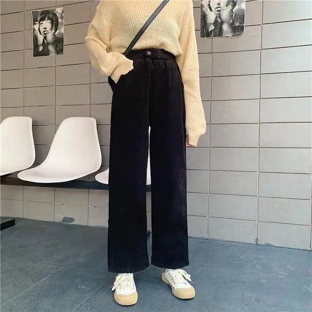 Женские брюки, теплые, Ulzzang, вельветовые, длинные, для отдыха, прямые, корейский стиль, брюки для женщин, s, с высокой талией, зимние, для женщин,, уличная одежда - Цвет: black