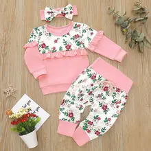 Комплект одежды для маленьких девочек; коллекция года; Осенние Топы с длинными рукавами для малышей; футболка; штаны с цветочным принтом; повязка на голову; комплект одежды из 3 предметов