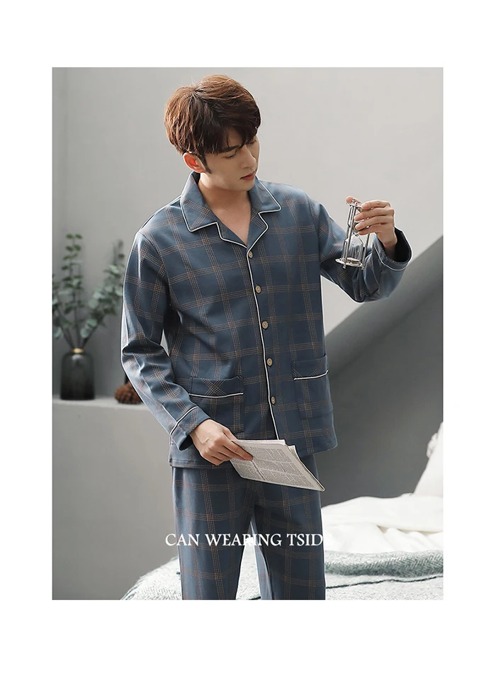 mens designer pjs Spring Autumn Pajama Sets Suit Knitted Cotton Casual Long Sleeve Sleepwear Plaid Home Wear Plus Size Comfortable Pajamas For Men mens cotton pajama sets