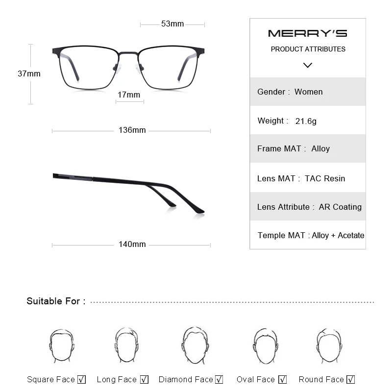 MERRYS, дизайн, сплав, очки по рецепту, мужские, сверхлегкие, квадратные, близорукость, очки по рецепту, оправа, металлические, оптические очки S2039